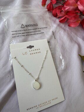 Lauren Conrad Dainty Mother Of Pearl Necklace Circle Charm Silver Tone 16" NEW